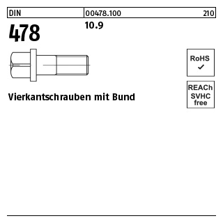 50 Stück, DIN 478 10.9 Vierkantschrauben mit Bund - Abmessung: M 10 x 50