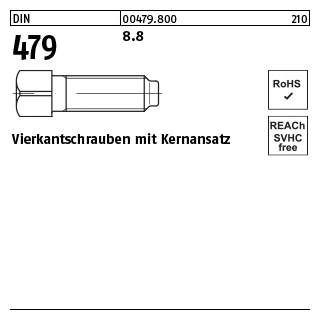 100 Stück, DIN 479 8.8 Vierkantschrauben mit Kernansatz - Abmessung: M 8 x 20