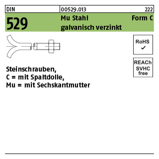 50 Stück, DIN 529 Mu Stahl Form C galvanisch verzinkt Steinschrauben, mit Spaltdolle, mit Sechskantmutter - Abmessung: CM 8 x 150