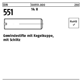 200 Stück, DIN 551 14 H Gewindestifte mit Kegelkuppe, mit Schlitz - Abmessung: M 2,5 x 3