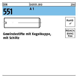 50 Stück, DIN 551 A 1 Gewindestifte mit Kegelkuppe, mit Schlitz - Abmessung: M 3 x 3