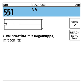 50 Stück, DIN 551 A 4 Gewindestifte mit Kegelkuppe, mit Schlitz - Abmessung: M 3 x 4