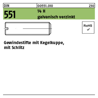 200 Stück, DIN 551 14 H galvanisch verzinkt Gewindestifte mit Kegelkuppe, mit Schlitz - Abmessung: M 3 x 5