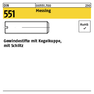 100 Stück, DIN 551 Messing Gewindestifte mit Kegelkuppe, mit Schlitz - Abmessung: M 3 x 5