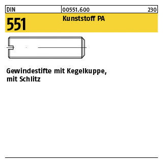 100 Stück, DIN 551 Kunststoff PA Gewindestifte mit Kegelkuppe, mit Schlitz - Abmessung: M 4 x 6