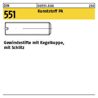 100 Stück, DIN 551 Kunststoff PA Gewindestifte mit Kegelkuppe, mit Schlitz - Abmessung: M 8 x 16