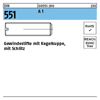 25 Stück, DIN 551 A 1 Gewindestifte mit Kegelkuppe, mit Schlitz - Abmessung: M 8 x 40