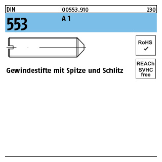 50 Stück, DIN 553 A 1 Gewindestifte mit Spitze und Schlitz - Abmessung: M 3 x 6