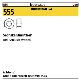 1000 Stück, DIN 555 Kunststoff PA Sechskantmuttern - Abmessung: M 3