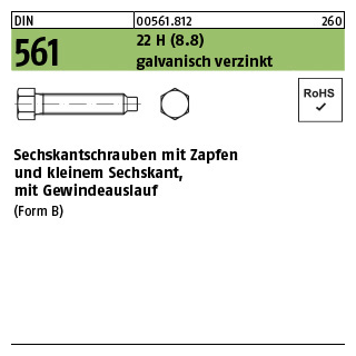 100 Stück, DIN 561 22 H (8.8) galvanisch verzinkt Sechskantschrauben mit Zapfen und kleinem Sechskant, mit Gewindeauslauf - Abmessung: BM 6 x 12