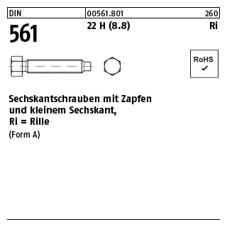 50 Stück, DIN 561 22 H (8.8) Ri Sechskantschrauben mit Zapfen und kleinem Sechskant,mit Rille - Abmessung: AM 8 x 45