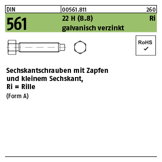 50 Stück, DIN 561 22 H (8.8) Ri galvanisch verzinkt Sechskantschrauben mit Zapfen und kleinem Sechskant, mit Rille - Abmessung: AM 8 x 45