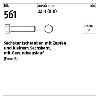 50 Stück, DIN 561 22 H (8.8) Sechskantschrauben mit Zapfen und kleinem Sechskant, mit Gewindeauslauf - Abmessung: BM 8 x 50