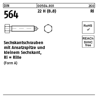 100 Stück, DIN 564 22 H (8.8) Ri Sechskantschrauben mit Ansatzspitze und kleinem Sechskant, mit Rille - Abmessung: AM 6 x 20