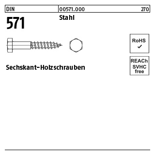 200 Stück, DIN 571 Stahl Sechskant-Holzschrauben - Abmessung: 6 x 50