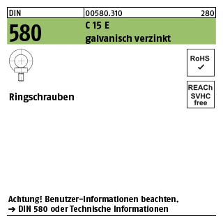 25 Stück, DIN 580 C 15 E galvanisch verzinkt Ringschrauben - Abmessung: M 10