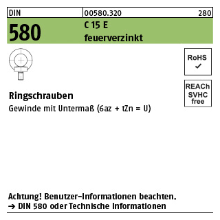 25 Stück, DIN 580 C 15 E feuerverzinkt Ringschrauben - Abmessung: M 10