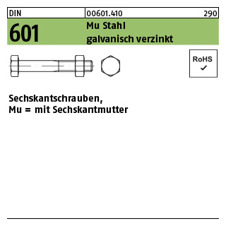 100 Stück, DIN 601 Mu Stahl galvanisch verzinkt Sechskantschrauben, mit Sechskantmutter - Abmessung: M 5 x 25