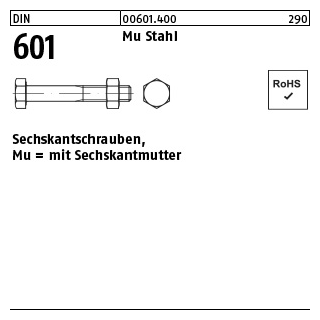 200 Stück, DIN 601 Mu Stahl Sechskantschrauben, mit Sechskantmutter - Abmessung: M 10 x 30