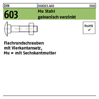 500 Stück, DIN 603 Mu Stahl galvanisch verzinkt Flachrundschrauben mit Vierkantansatz Mu = mit Sechskantmutter - Abmessung: M 5 x 16