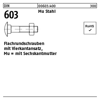 200 Stück, DIN 603 Mu Stahl Flachrundschrauben mit Vierkantansatz, mit Sechskantmutter - Abmessung: M 5 x 35