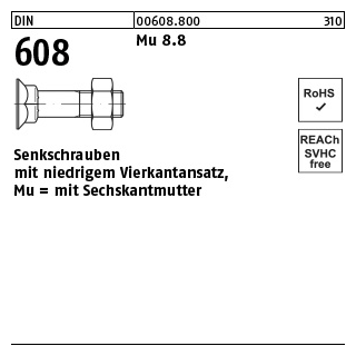 100 Stück, DIN 608 Mu 8.8 Senkschrauben mit niedrigem Vierkantansatz, mit Sechskantmutter - Abmessung: M 10 x 60