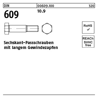 DIN 609 10.9 Sechskant-Passschrauben mit langem Gewindezapfen - Abmessung: M 20 x 85, Inhalt: 10 Stück