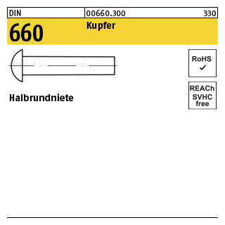 1000 Stück, DIN 660 Kupfer Halbrundniete - Abmessung: 3 x 4