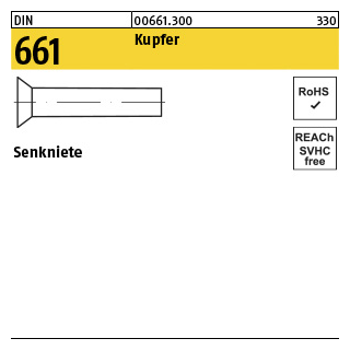 250 Stück, DIN 661 Kupfer Senkniete - Abmessung: 8 x 12