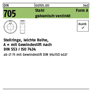 10 Stück, DIN 705 Stahl Form A galvanisch verzinkt Stellringe, leichte Reihe, mit Gewindestift DIN 553/ISO 7434 - Abmessung: A 12 x 22 x 12