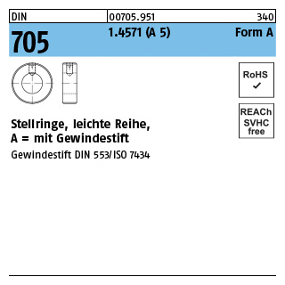 10 Stück, ~DIN 705 1.4571 (A 5) Form A Stellringe, leichte Reihe, mit Gewindestift - Abmessung: A 12 x 22 x 12