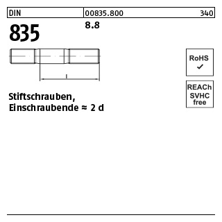 100 Stück, DIN 835 8.8 Stiftschrauben, Einschraubende = 2 d - Abmessung: M 8 x 30