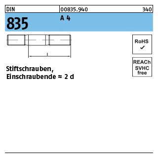 10 Stück, DIN 835 A 4 Stiftschrauben, Einschraubende = 2 d - Abmessung: M 8 x 30