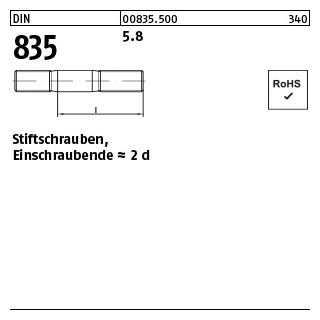 100 Stück, DIN 835 5.8 Stiftschrauben, Einschraubende = 2 d - Abmessung: M 8 x 70