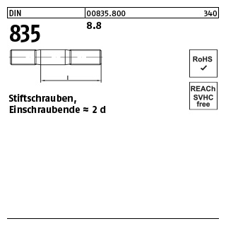50 Stück, DIN 835 8.8 Stiftschrauben, Einschraubende = 2 d - Abmessung: M 10 x 40