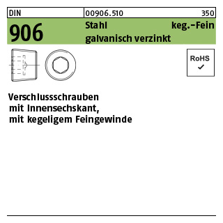 100 Stück, DIN 906 Stahl keg.-Fein galvanisch verzinkt verschlussschrauben mit Innensechskant, mit kegeligem Feingewinde - Abmessung: M 8 x 1