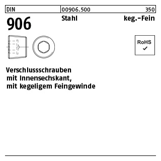 100 Stück, DIN 906 Stahl keg.-Fein verschlussschrauben mit Innensechskant, mit kegeligem Feingewinde - Abmessung: M 10 x 1