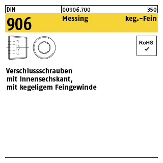 100 Stück, DIN 906 Messing keg.-Fein verschlussschrauben mit Innensechskant, mit kegeligem Feingewinde - Abmessung: M 10 x 1