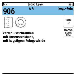 100 Stück, DIN 906 A 4 keg.-Fein verschlussschrauben mit Innensechskant, mit kegeligem Feingewinde - Abmessung: M 10 x 1