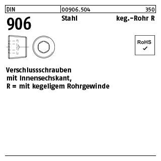 50 Stück, DIN 906 Stahl keg.-Rohr R verschlussschrauben mit Innensechskant, mit kegeligem Rohrgewinde - Abmessung: R 3/8