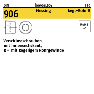 50 Stück, DIN 906 Messing keg.-Rohr R verschlussschrauben mit Innensechskant, mit kegeligem Rohrgewinde - Abmessung: R 3/8