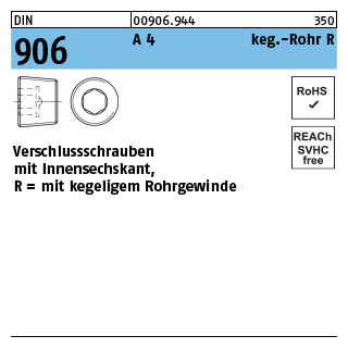 100 Stück, DIN 906 A 4 keg.-Rohr R verschlussschrauben mit Innensechskant, mit kegeligem Rohrgewinde - Abmessung: R 3/8