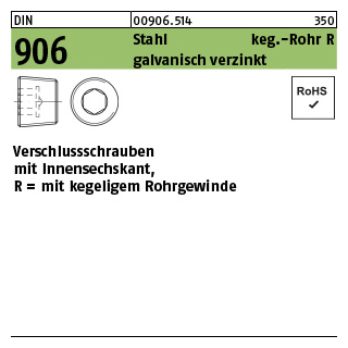 50 Stück, DIN 906 Stahl keg.-Rohr R galvanisch verzinkt verschlussschrauben mit Innensechskant, mit kegeligem Rohrgewinde - Abmessung: R 1/2