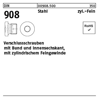 100 Stück, DIN 908 Stahl zyl.Fein verschlussschrauben mit Bund und Innensechskant, m. zyl. Feingewinde - Abmessung: M 8 x 1