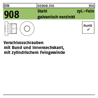 100 Stück, DIN 908 Stahl zyl.Fein galvanisch verzinkt verschlussschrauben mit Bund und Innensechskant, m. zyl. Feingewinde - Abmessung: M 10 x 1