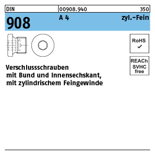 100 Stück, DIN 908 A 4 zyl.-Fein verschlussschrauben mit Bund und Innensechskant, m. zyl. Feingewinde - Abmessung: M 14 x 1,5