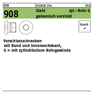 25 Stück, DIN 908 Stahl zyl.-Rohr G galvanisch verzinkt verschlussschrauben mit Bund und Innensechskant,mit zyl. Rohrgewinde - Abmessung: G 3/4 A