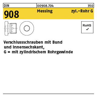 25 Stück, DIN 908 Messing zyl.-Rohr G verschlussschrauben mit Bund und Innensechskant,mit zyl. Rohrgewinde - Abmessung: G 3/4 A