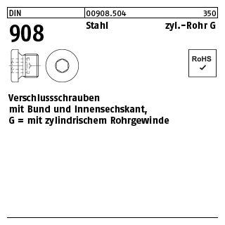 DIN 908 Stahl zyl.-Rohr G verschlussschrauben mit Bund und Innensechskant,mit zyl. Rohrgewinde - Abmessung: G 1 1/2 A, Inhalt: 5 Stück