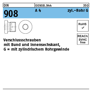 1 Stück, DIN 908 A 4 zyl.-Rohr G verschlussschrauben mit Bund und Innensechskant,mit zyl. Rohrgewinde - Abmessung: G 2 A